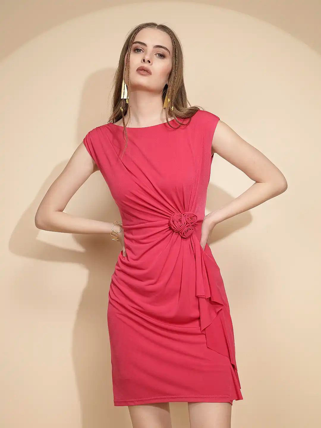 Hot Pink Polyester Blend Regular Fit Dress For Women