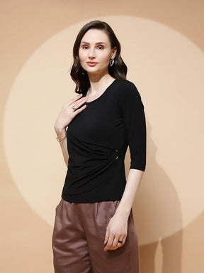 Black Polyester Blend Regular Fit Top