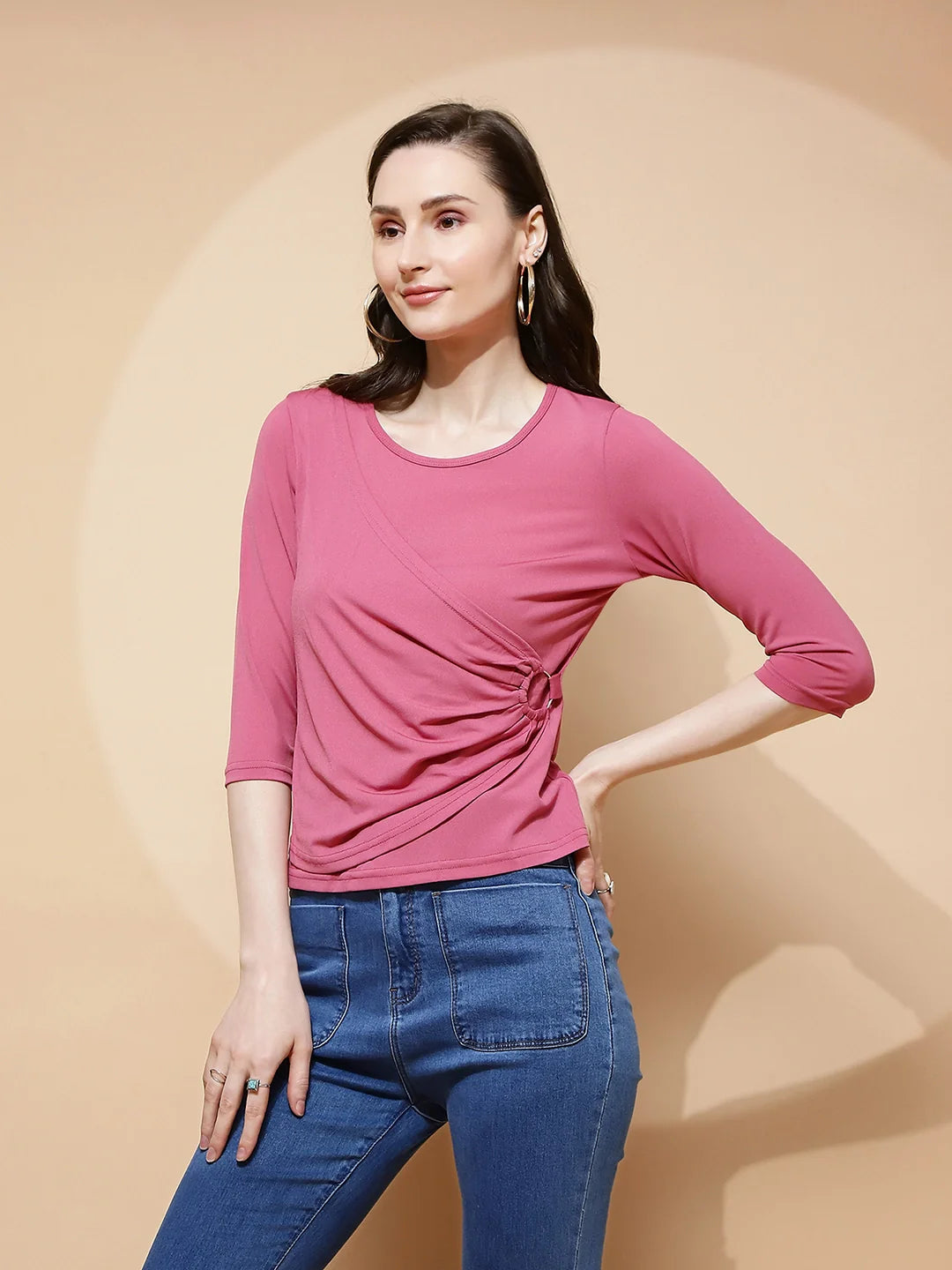 Pink Polyester Blend Regular Fit Top For Women