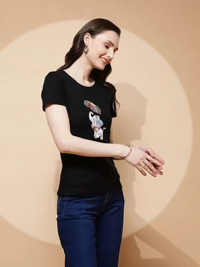 Black Cotton Blend Regular Fit Top For Women
