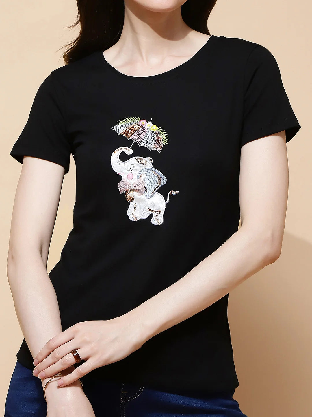 Black Cotton Blend Regular Fit Top For Women