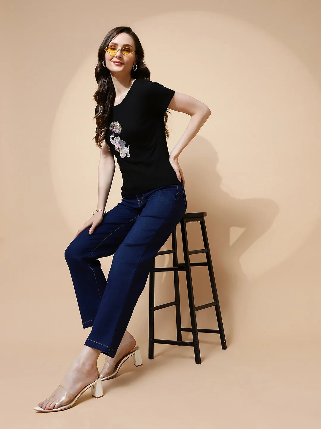 Black Cotton Blend Regular Fit Top For Women