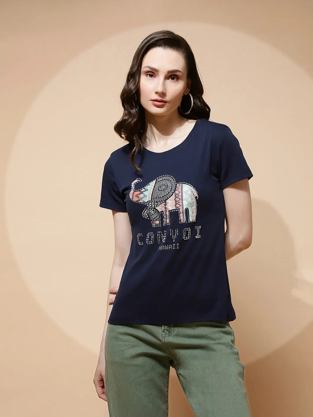Navy Blue Cotton Blend Graphic Top