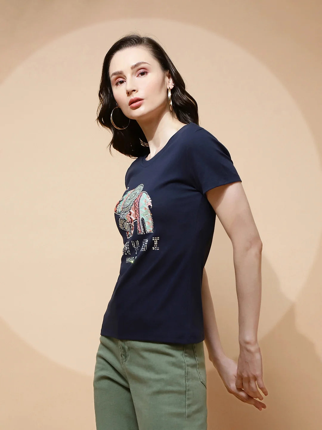 Navy Blue Cotton Blend Graphic Top