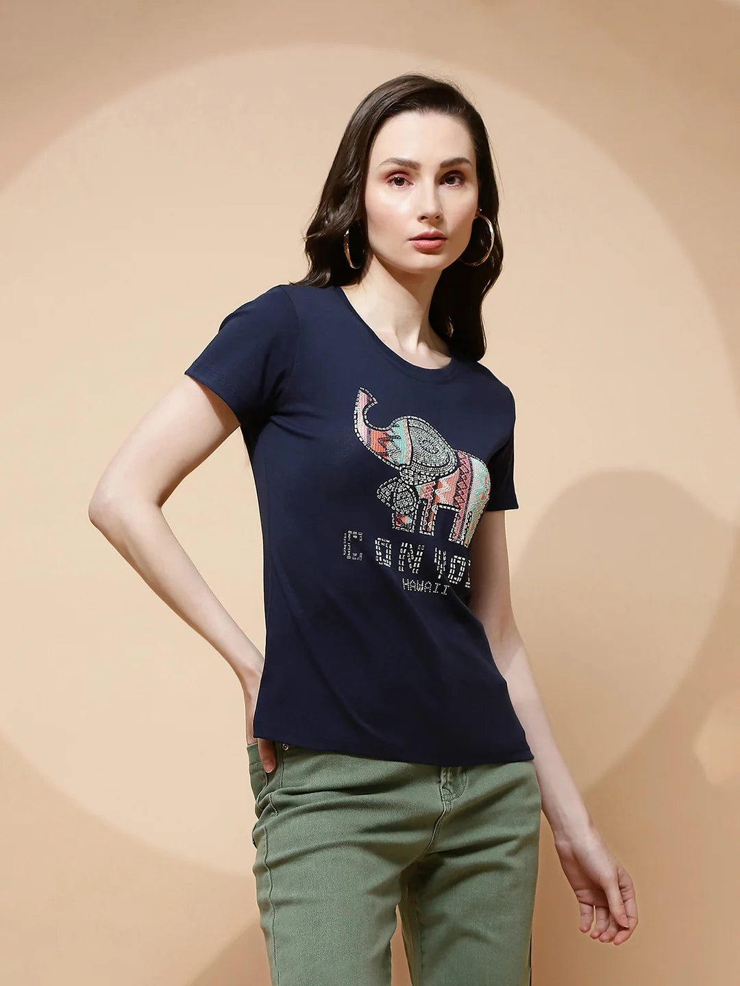 Navy Blue Cotton Blend Graphic Top