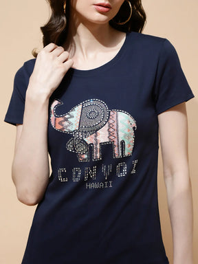 Navy Blue Cotton Blend Graphic Top