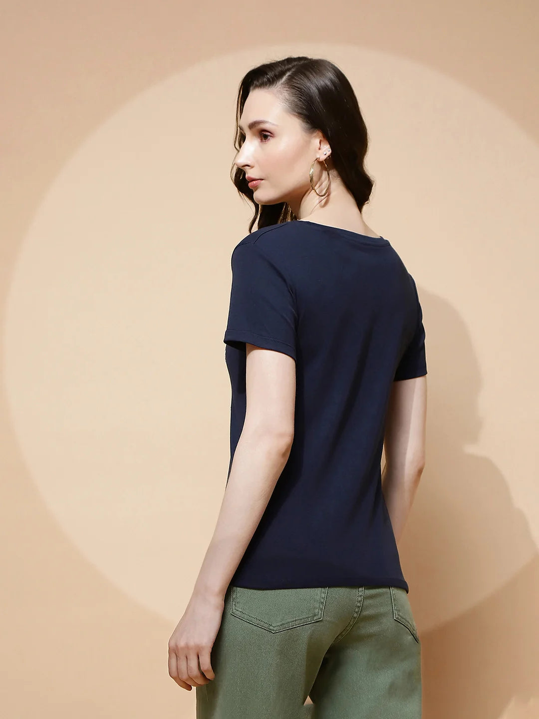 Navy Blue Cotton Blend Graphic Top