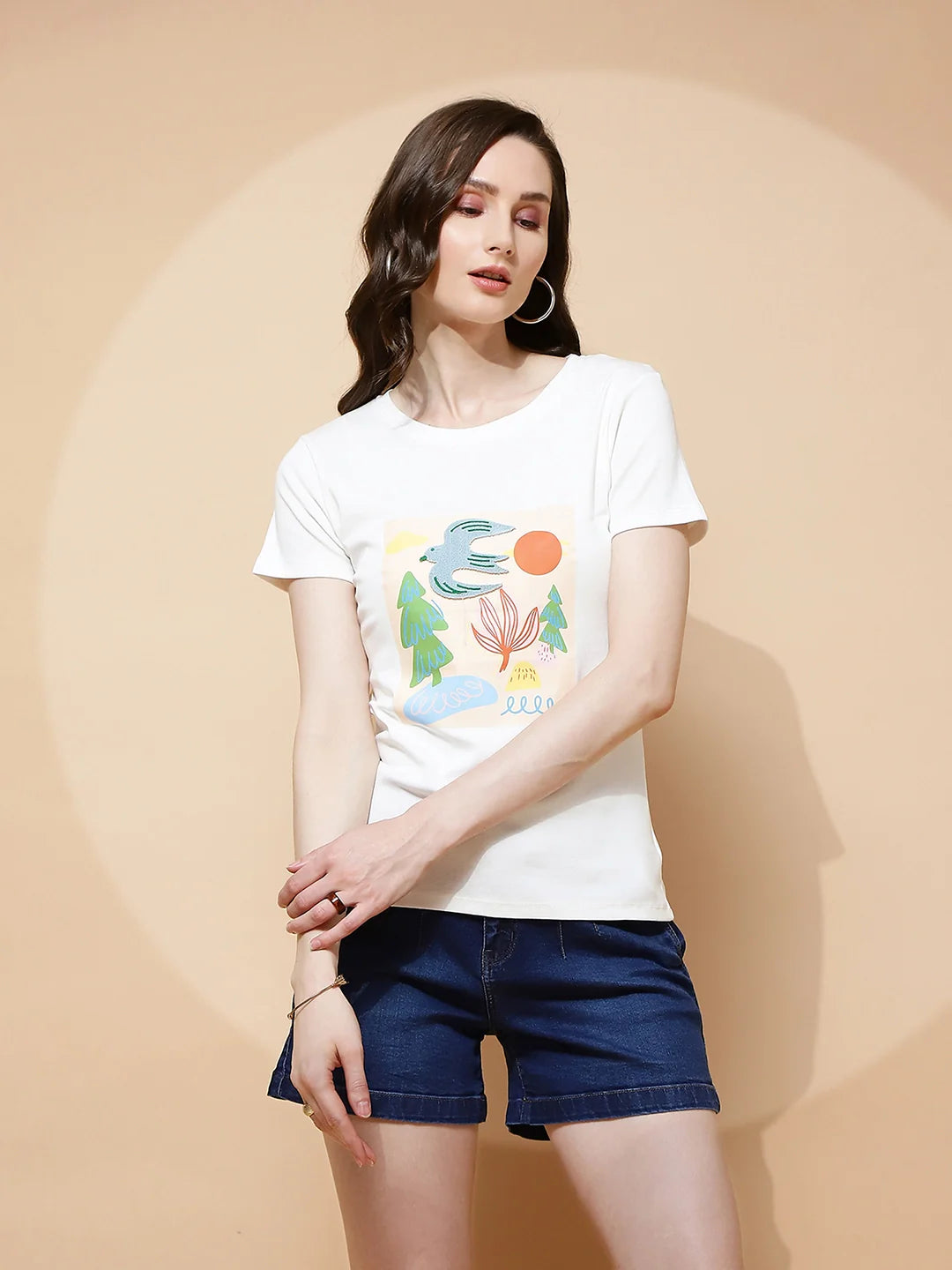 White Cotton Blend Graphic Top - Global Republic