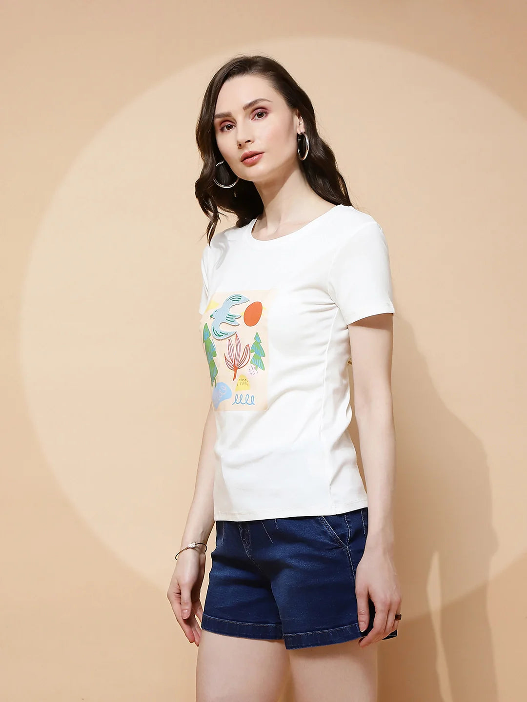 White Cotton Blend Graphic Top - Global Republic