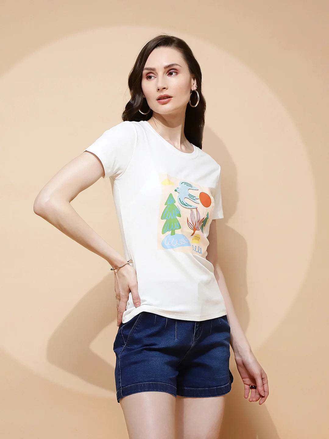 White Cotton Blend Graphic Top - Global Republic
