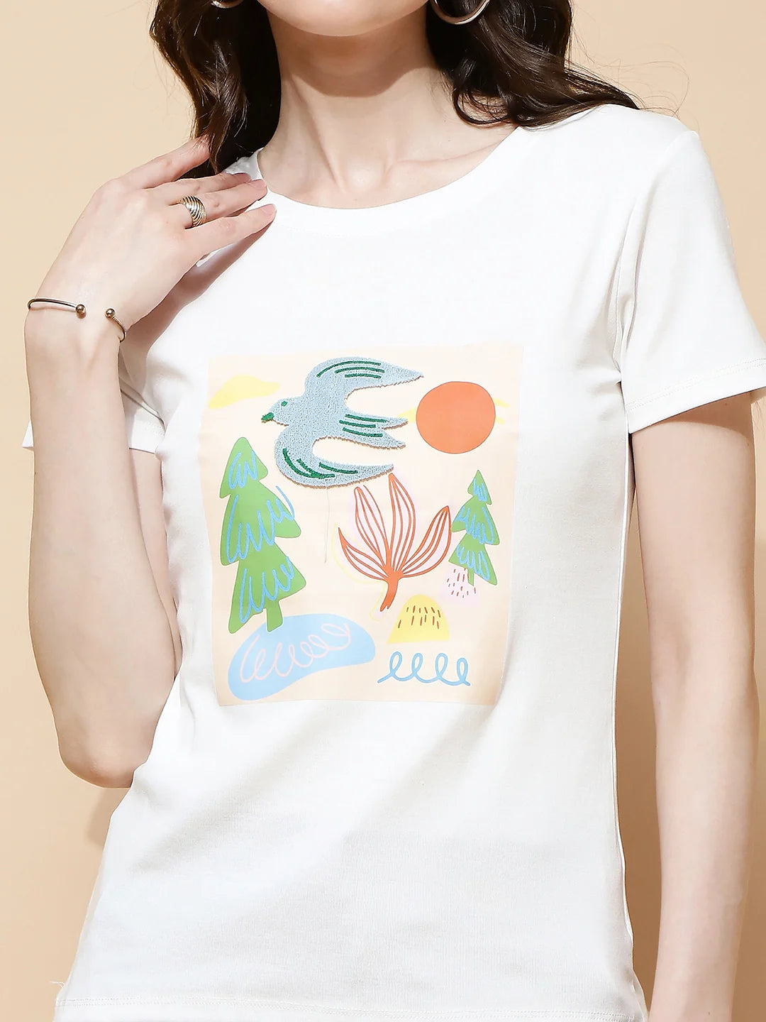 White Cotton Blend Graphic Top - Global Republic