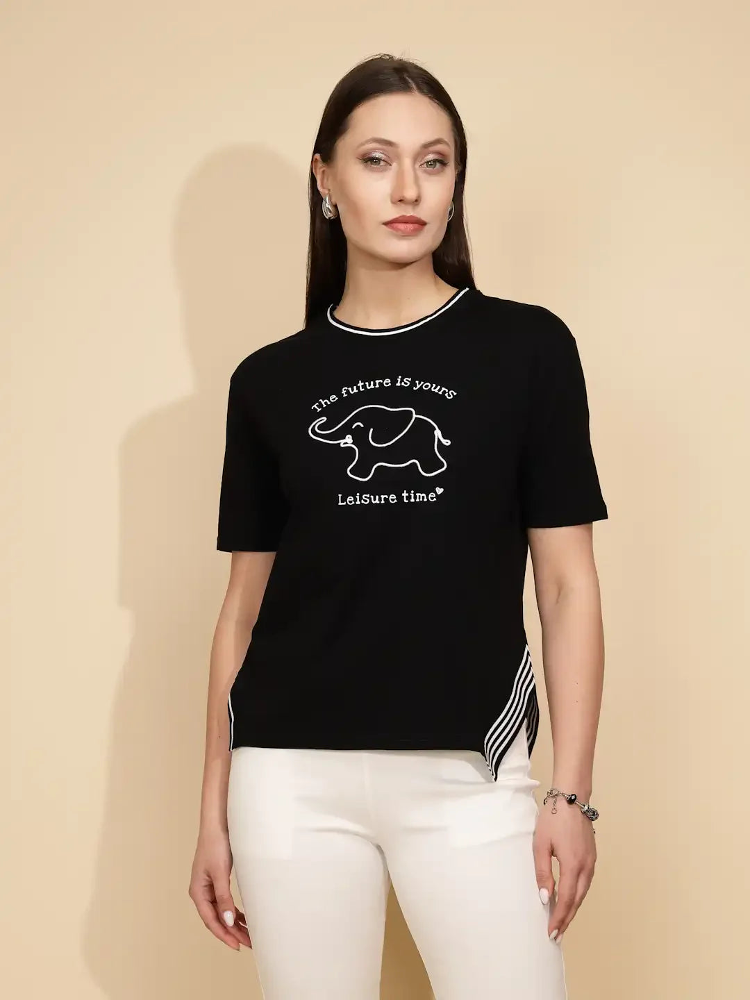 Black Cotton Blend Regular Fit Top For Women - Global Republic