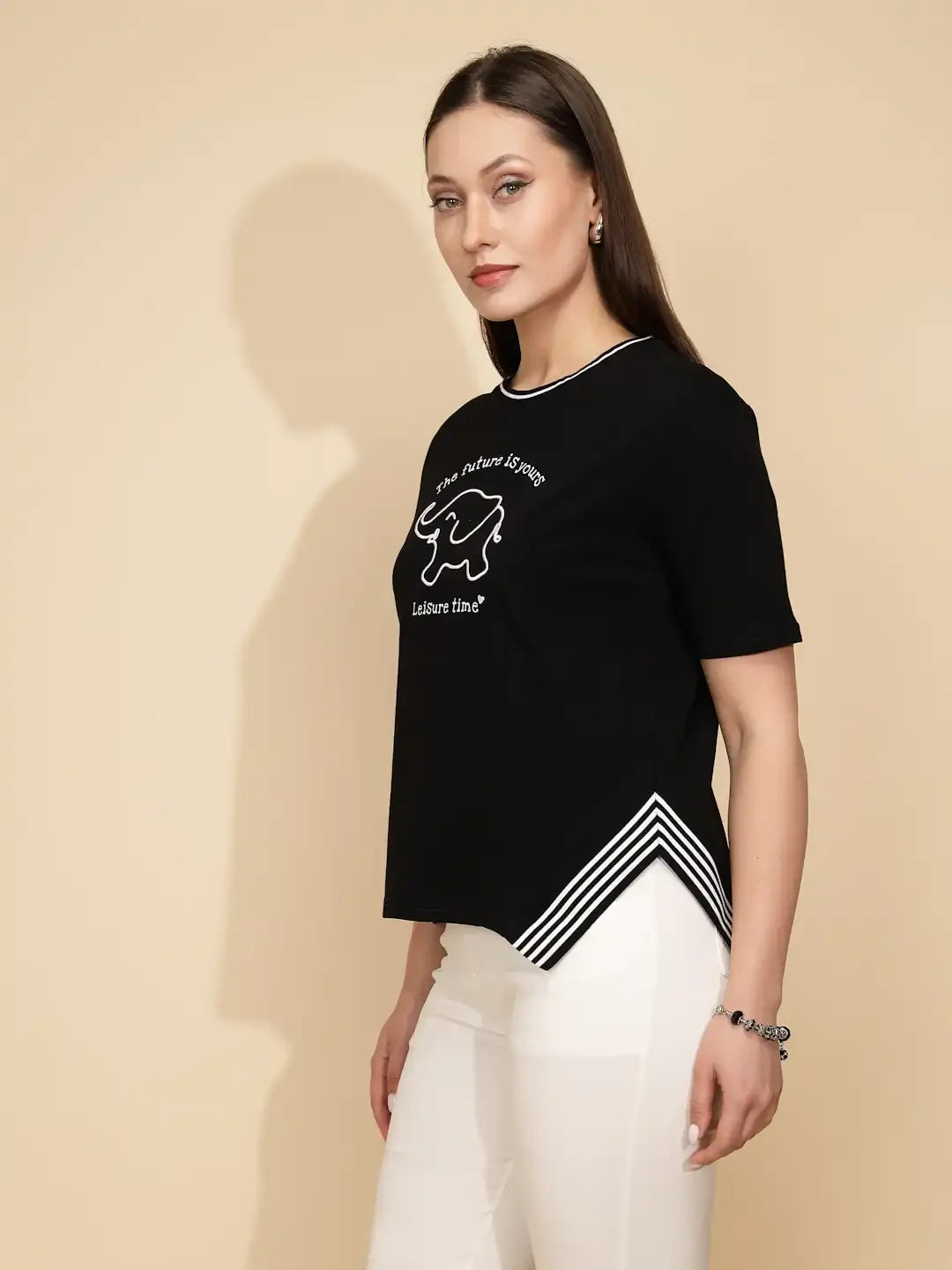 Black Cotton Blend Regular Fit Top For Women - Global Republic