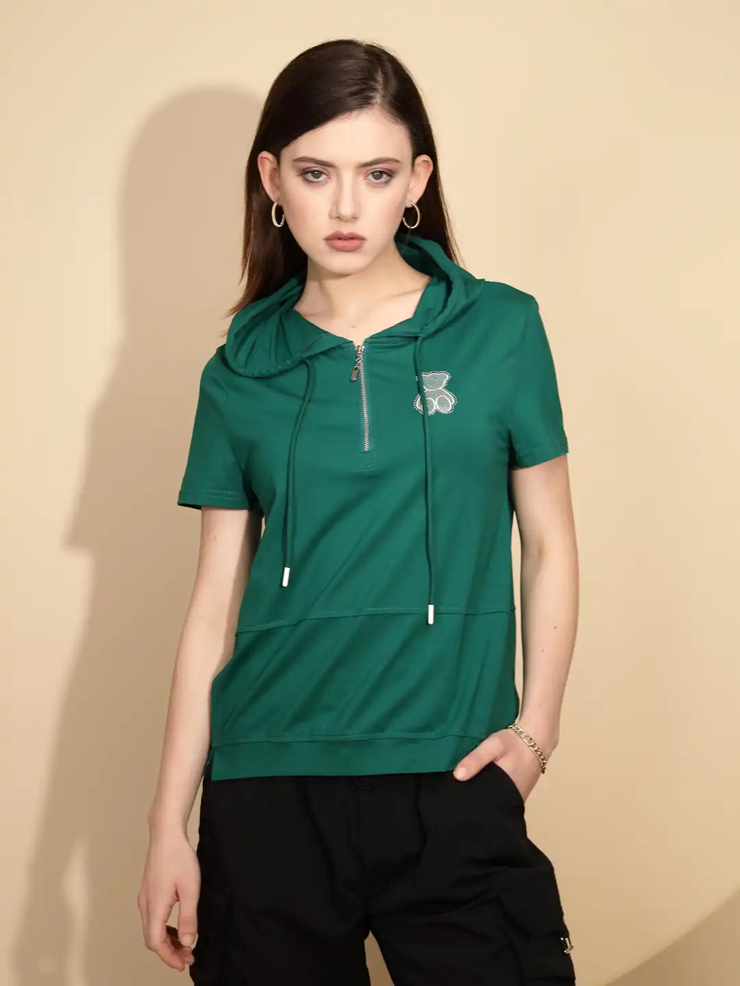 Green Cotton Blend Hooded Top