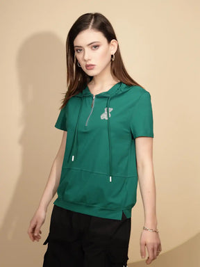 Green Cotton Blend Hooded Top