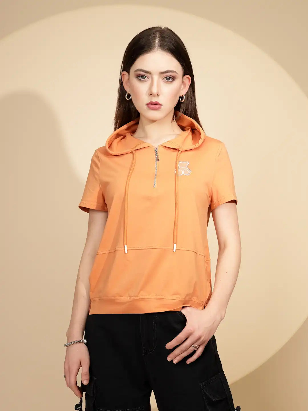 Orange Cotton Blend Hooded Top