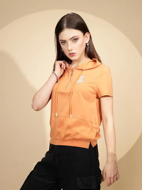 Orange Cotton Blend Hooded Top
