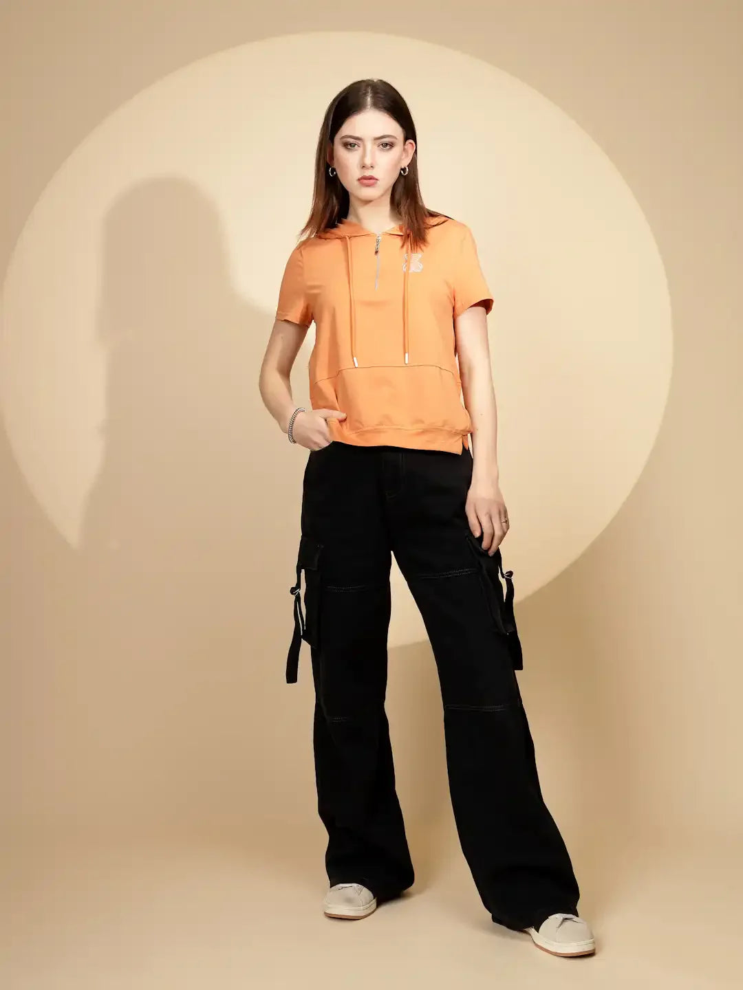 Orange Cotton Blend Hooded Top