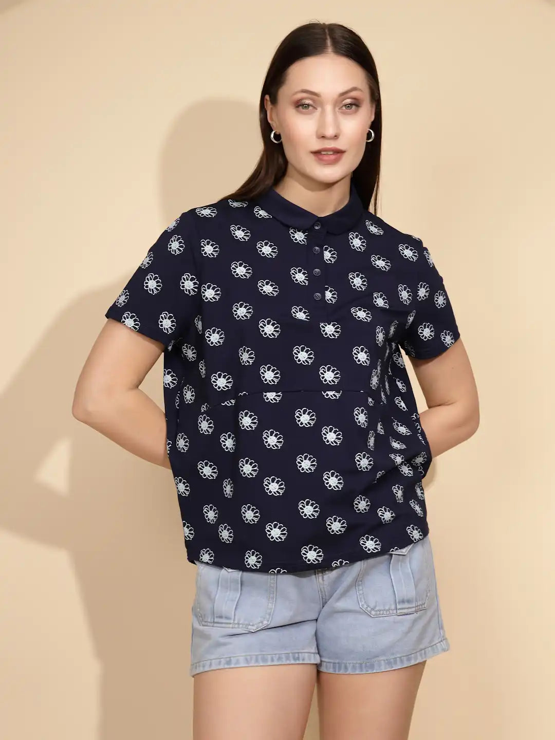 Navy Cotton Printed Loose Top