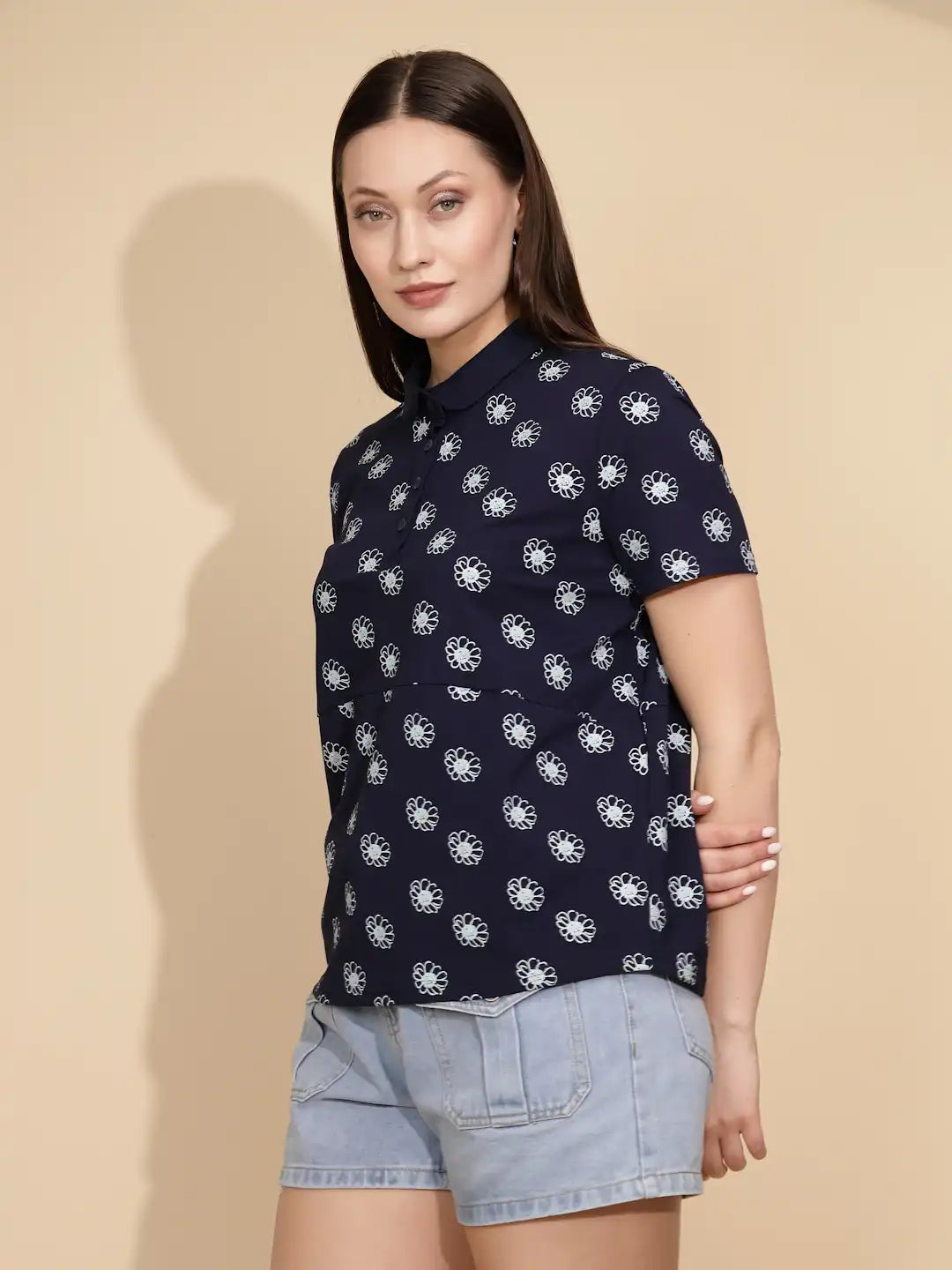 Navy Cotton Printed Loose Top