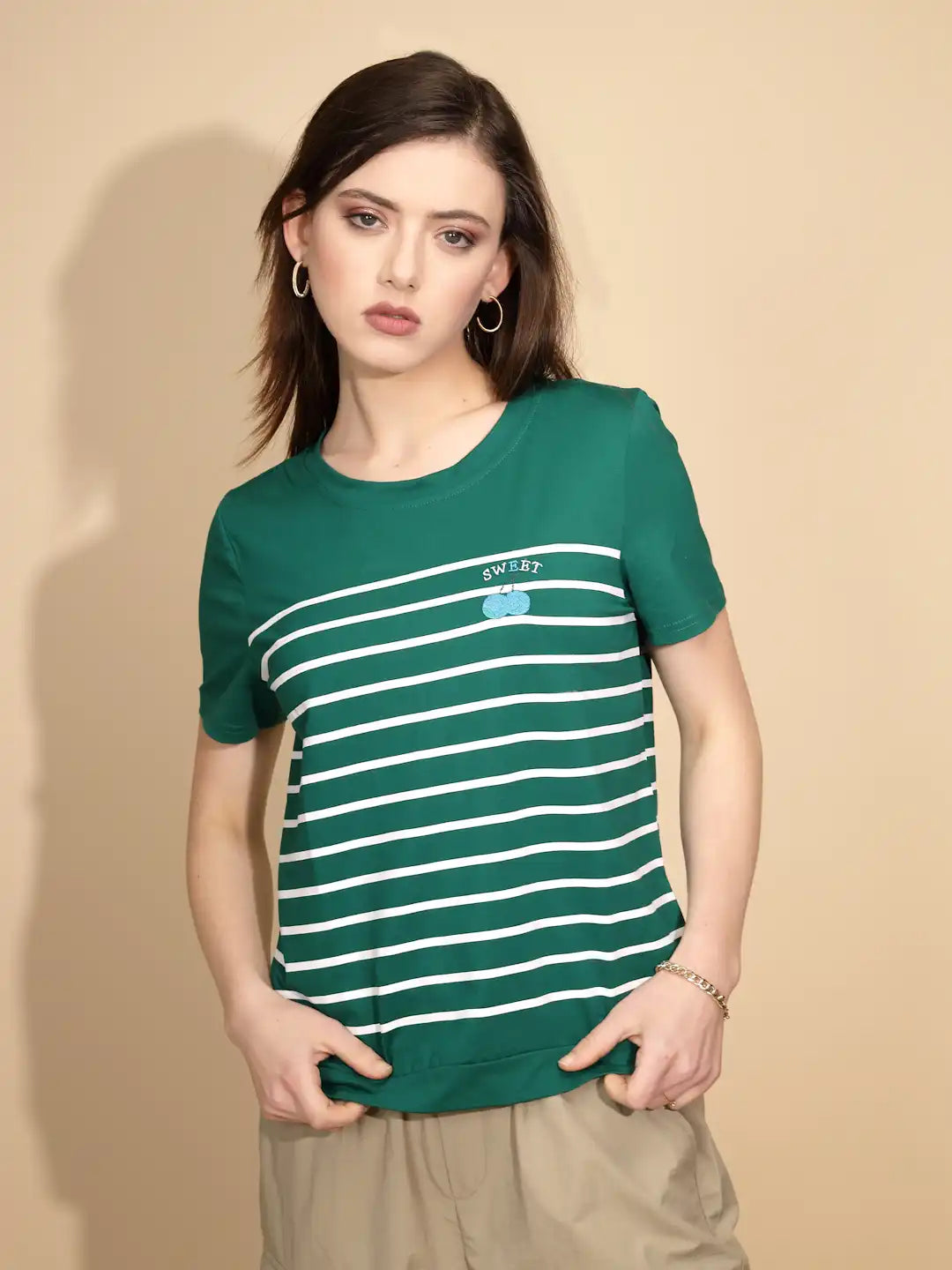 Green Striped Cotton Blend Top