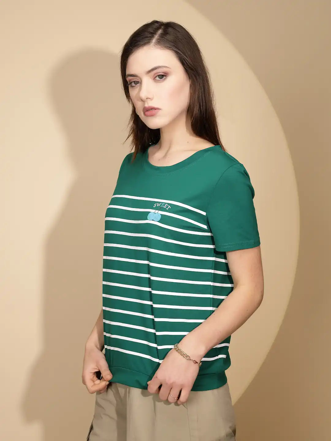Green Striped Cotton Blend Top