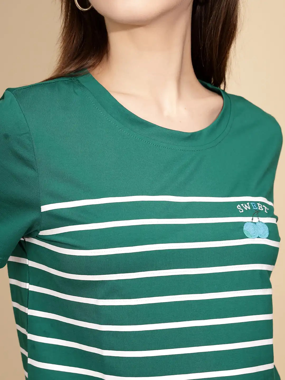 Green Striped Cotton Blend Top