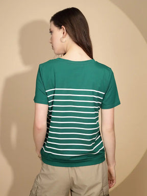 Green Striped Cotton Blend Top