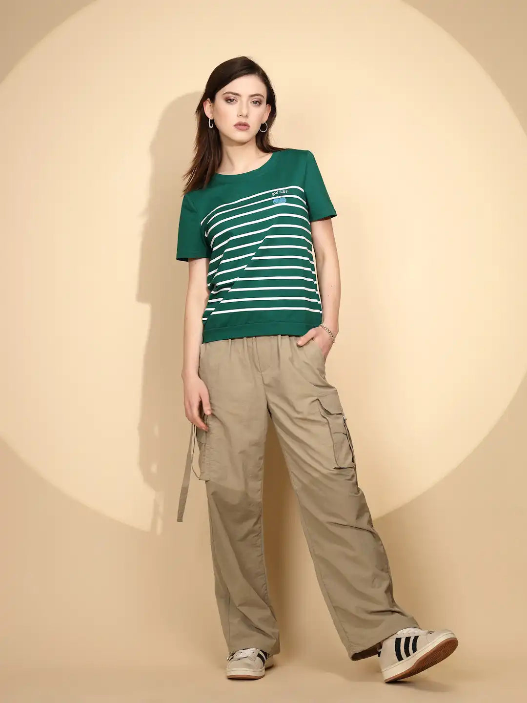 Green Striped Cotton Blend Top