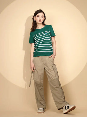 Green Striped Cotton Blend Top