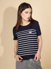 Navy Blue Cotton Blend Striped Top