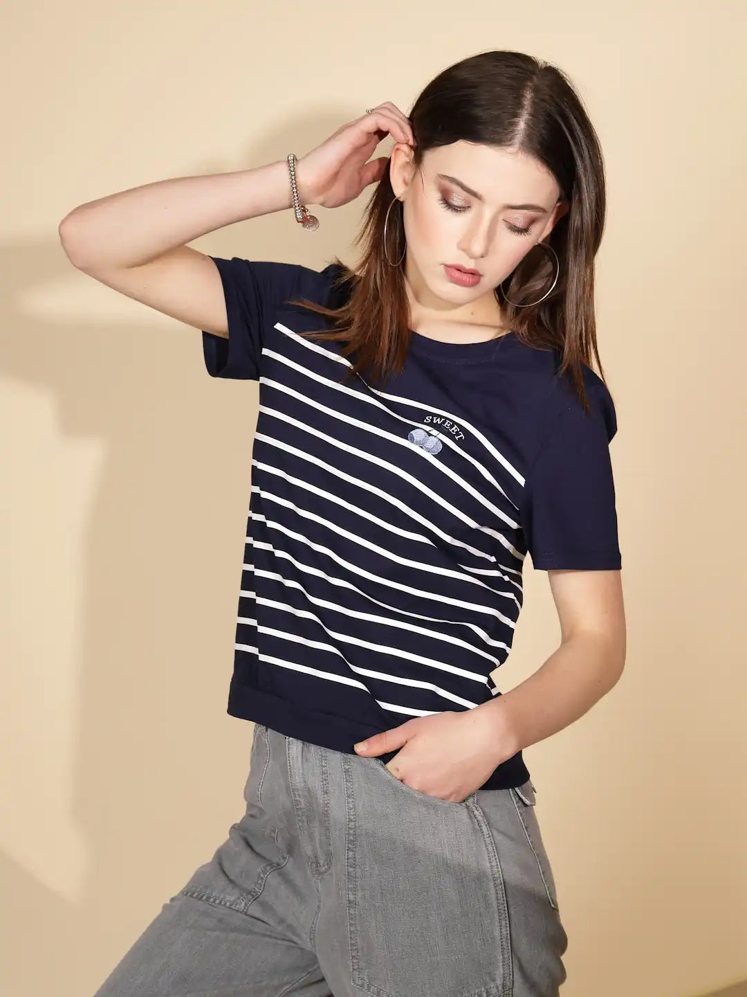 Navy Blue Cotton Blend Striped Top