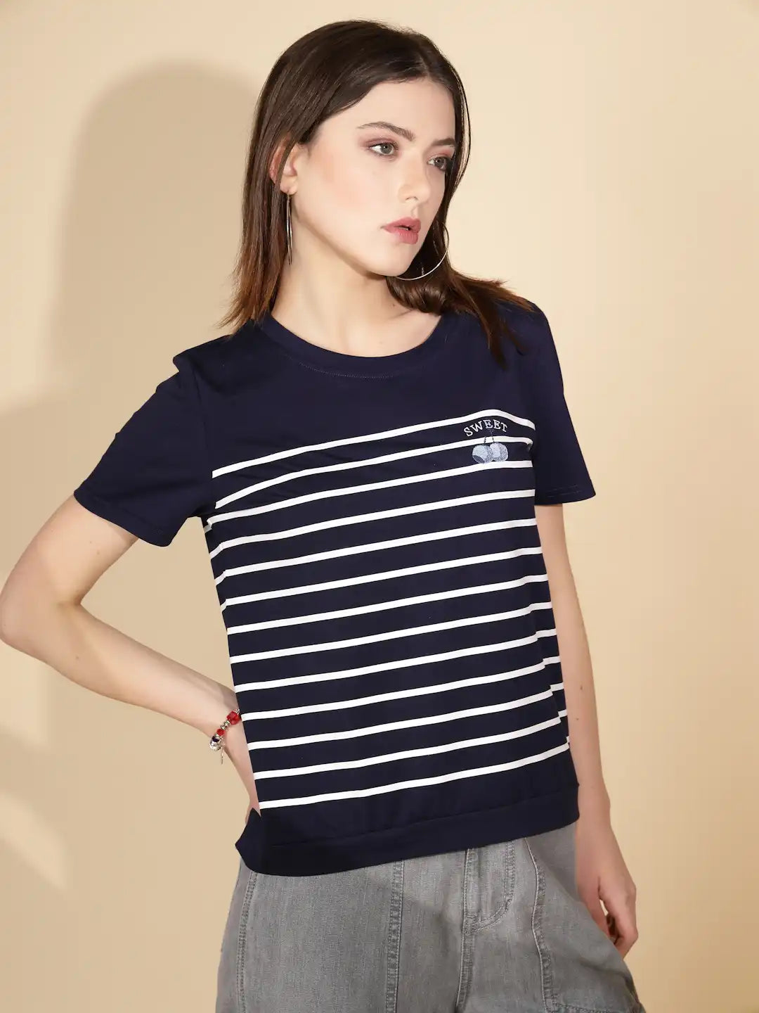 Navy Blue Cotton Blend Striped Top