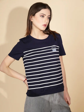 Navy Blue Cotton Blend Striped Top