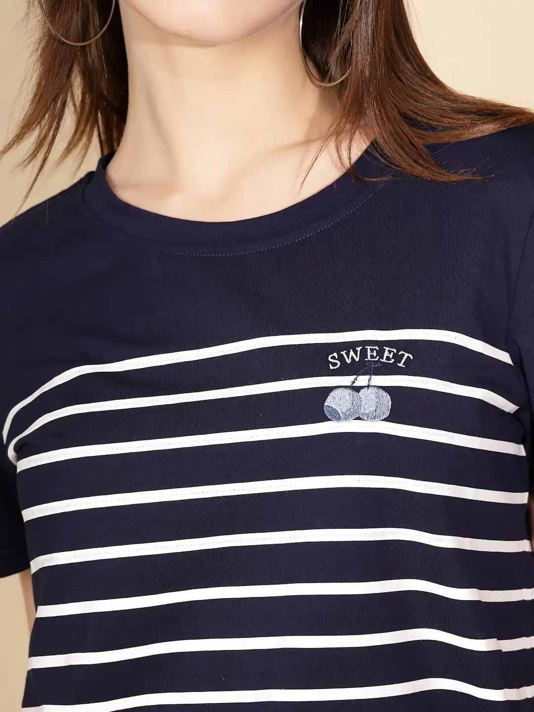 Navy Blue Cotton Blend Striped Top