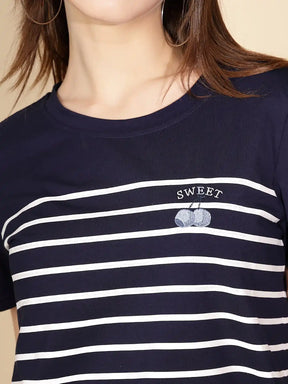 Navy Blue Cotton Blend Striped Top