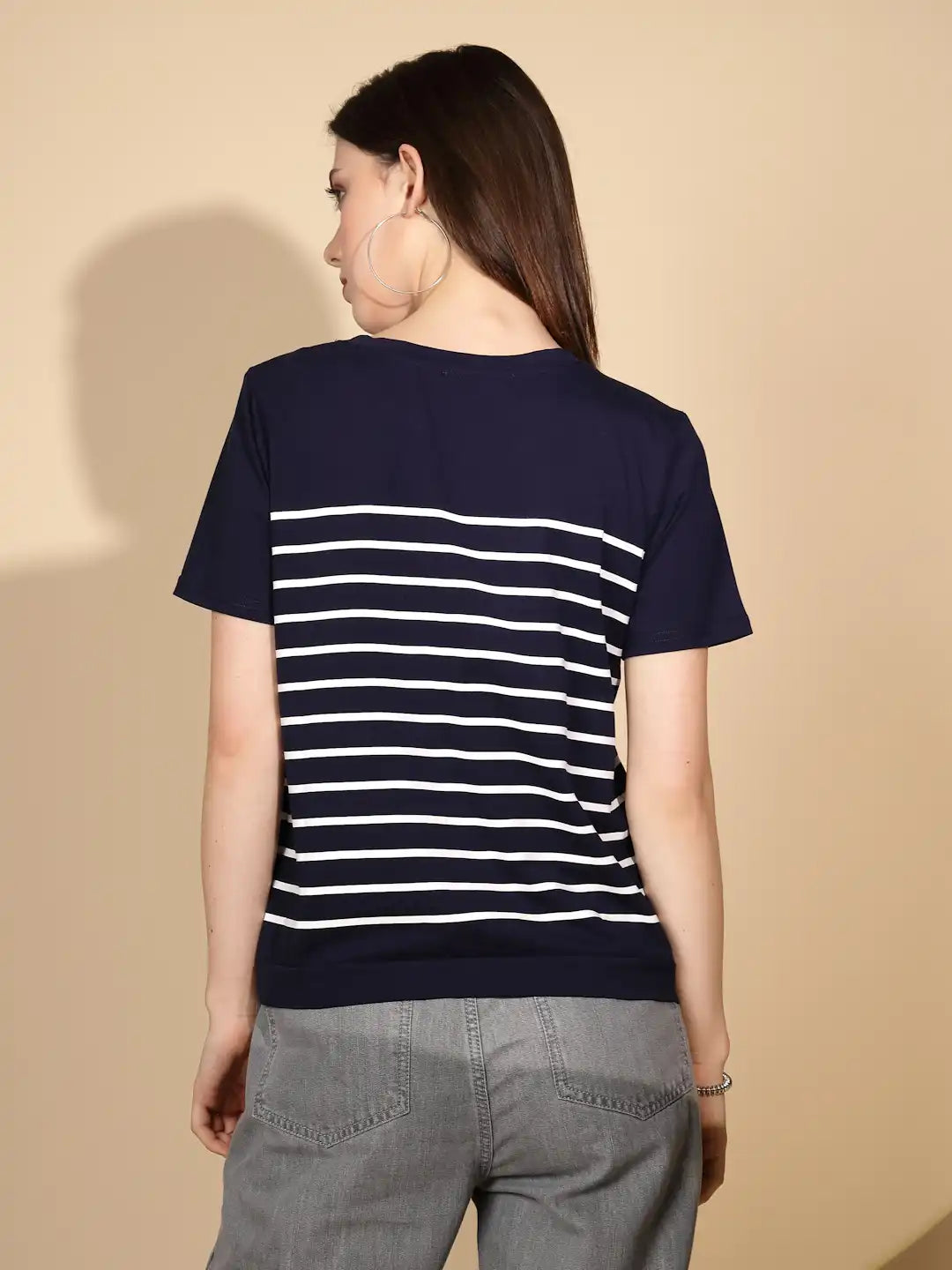 Navy Blue Cotton Blend Striped Top