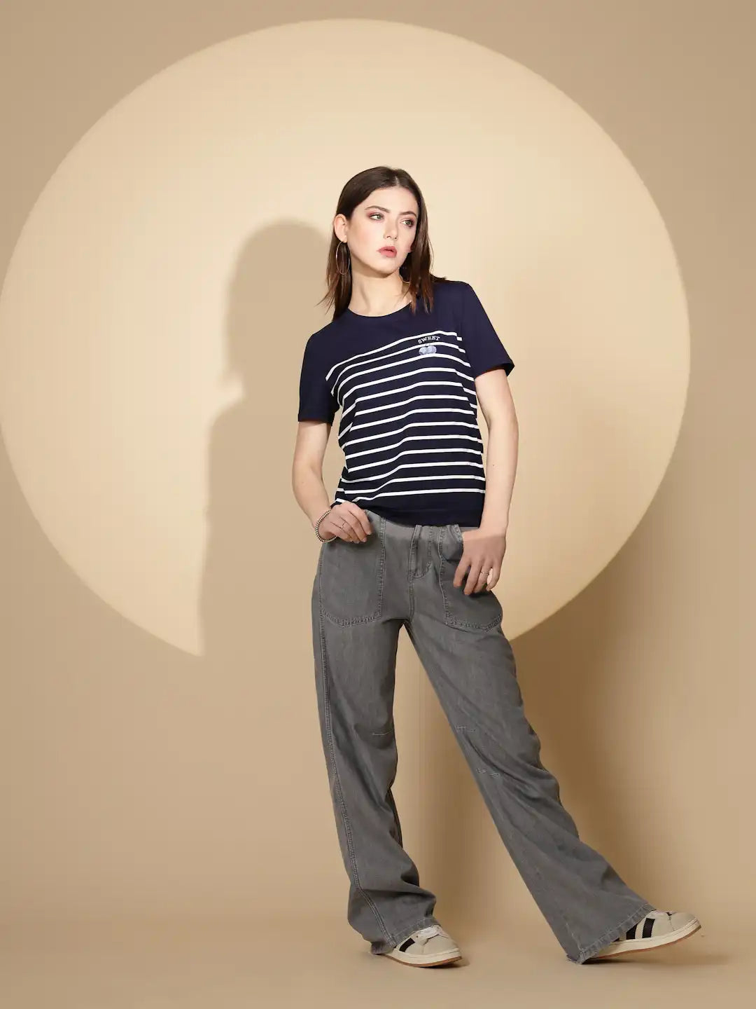 Navy Blue Cotton Blend Striped Top