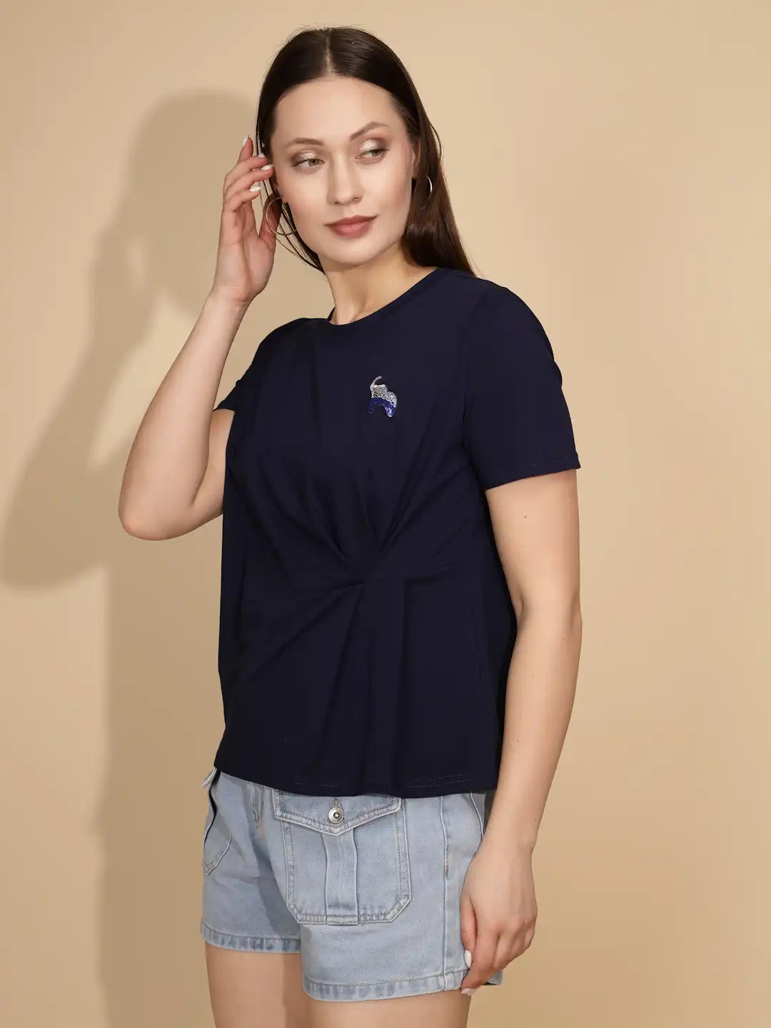 Navy Cotton Blend Regular Fit Top For Women