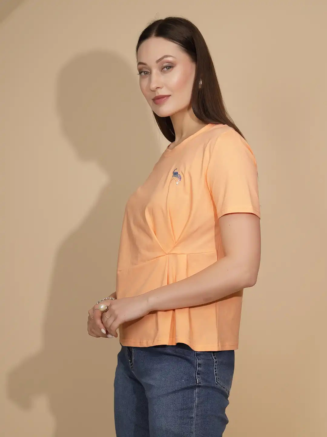 Peach Cotton Blend Regular Fit Top For Women