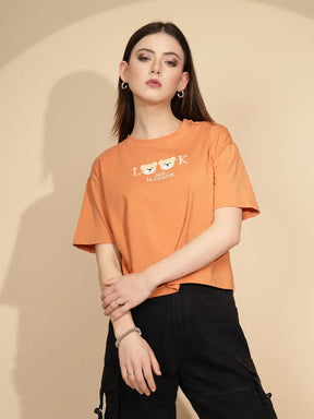 Orange Cotton Blend Regular Fit Top For Women