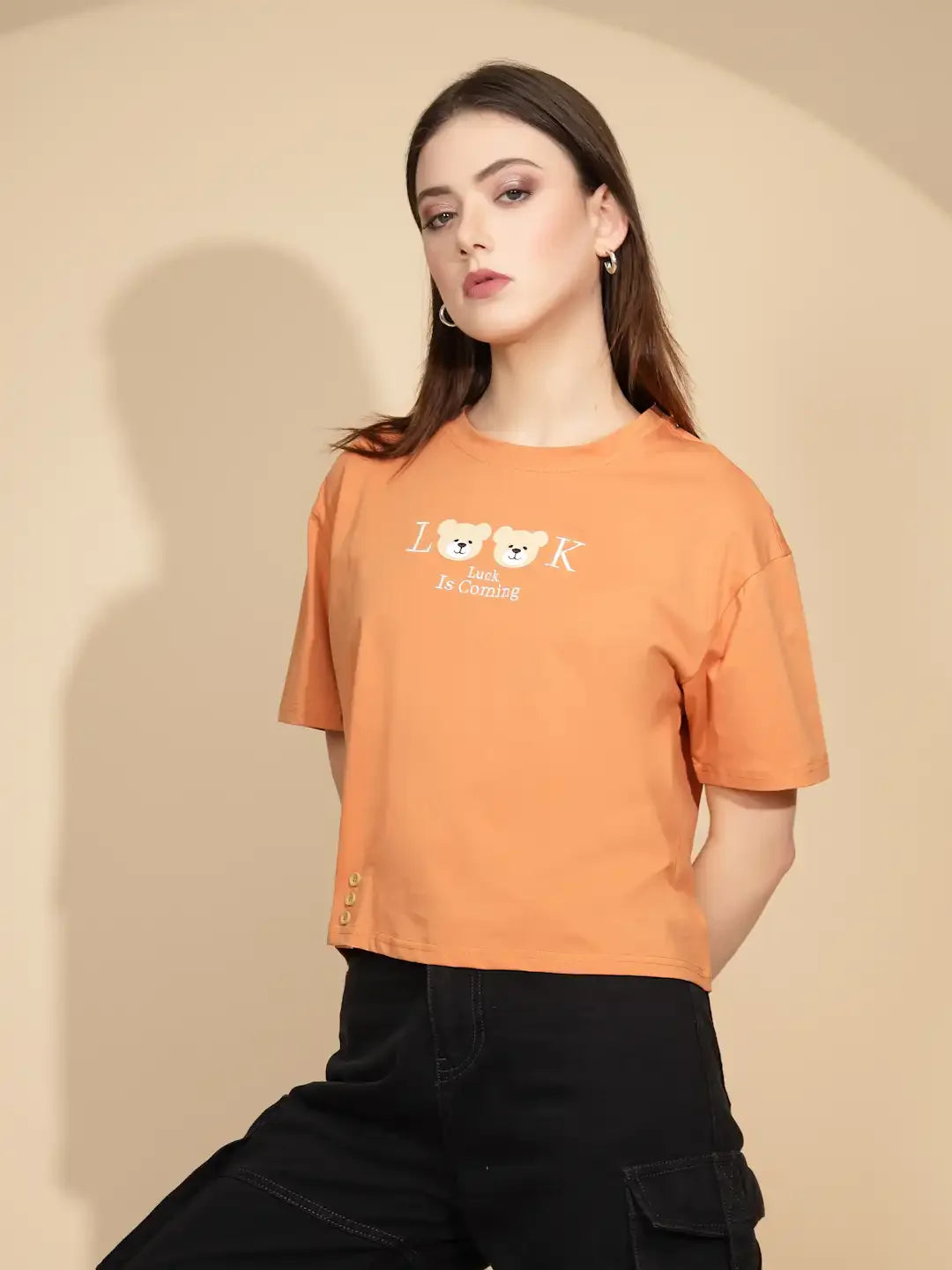 Orange Cotton Blend Regular Fit Top For Women