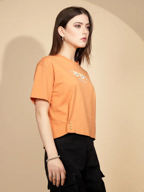 Orange Cotton Blend Graphic Top