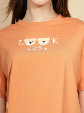 Orange Cotton Blend Graphic Top