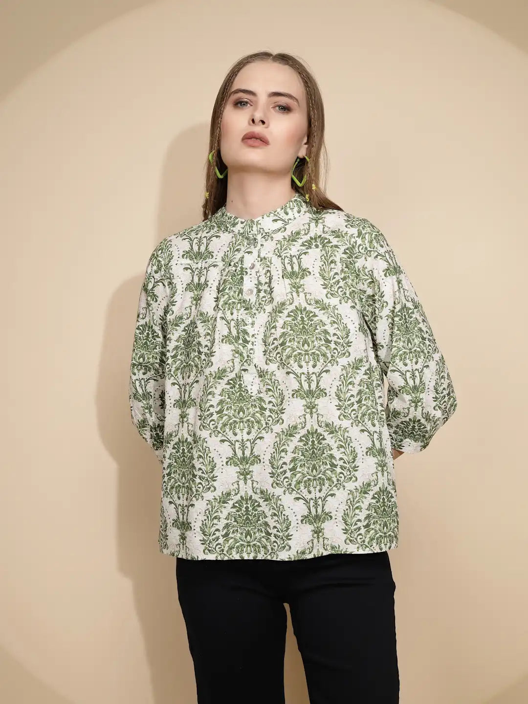 Green Cotton Regular Fit Blouson Top For Women - Global Republic #