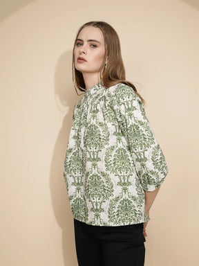 Green Cotton Regular Fit Blouson Top For Women