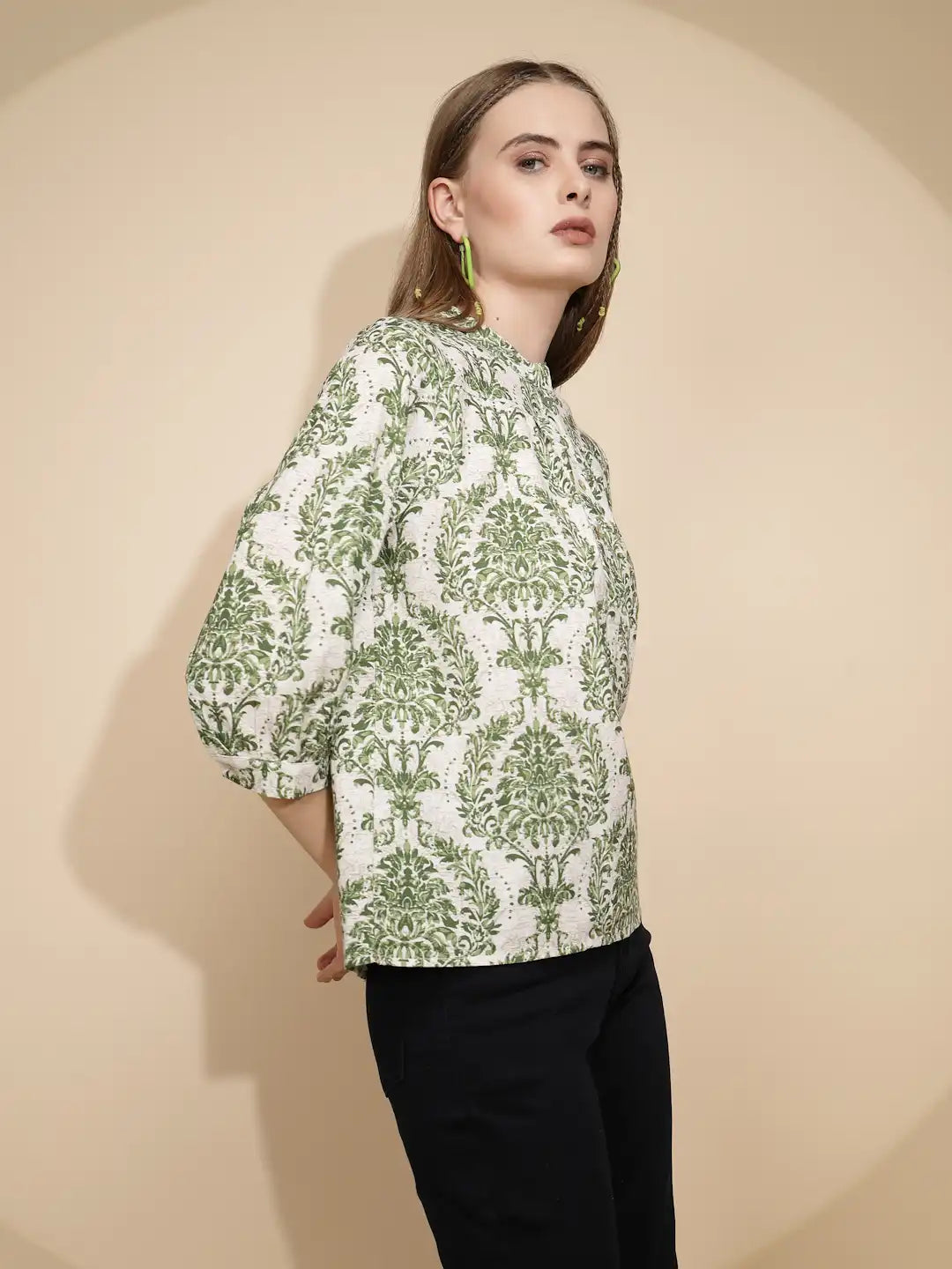 Green Cotton Regular Fit Blouson Top For Women