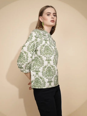 Green Cotton Regular Fit Blouson Top For Women