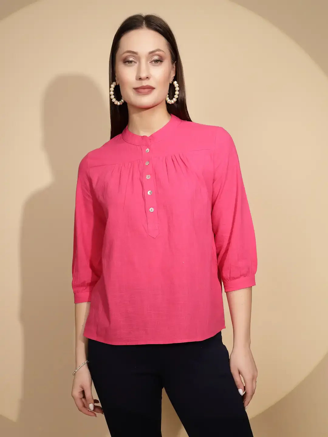 Hot Pink Cotton Regular Fit Blouson Top For Women