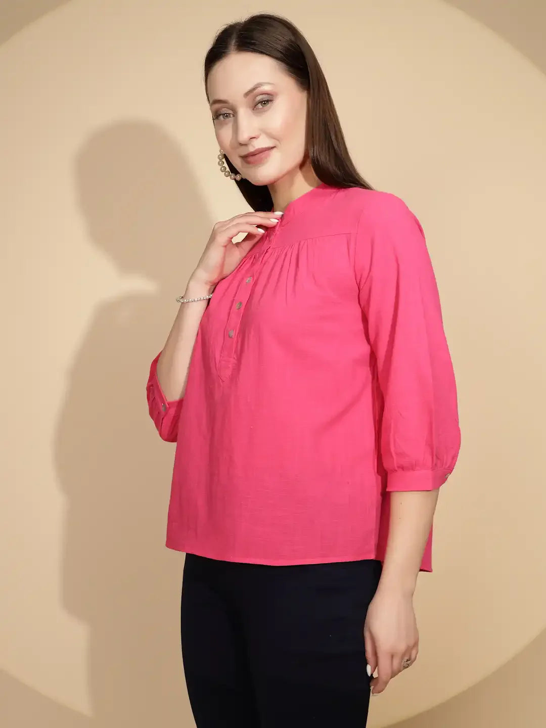 Hot Pink Cotton Regular Fit Blouson Top For Women